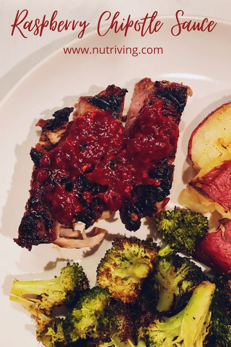 Raspberry Chipotle Sauce served over pork tenderloin with roasted broccoli and potatoes Raspberry Chipotle Pork Tenderloin, Dressing For Salmon, Chipotle Pork Tenderloin, Chipotle Salmon, Chipotle Pork, Raspberry Chipotle Sauce, Apple Cider Vinegar Water, Chipotle Dressing, Pork Marinade