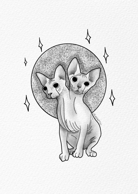 Two Head Animal Tattoo, 2 Headed Cat Drawing, Two Headed Cat Drawing, 2 Headed Cat Tattoo, Double Headed Cat Tattoo, Spinx Cat Tattoo, 2 Headed Animals Tattoo, Two Headed Animals Drawings, Two Headed Cat Tattoo