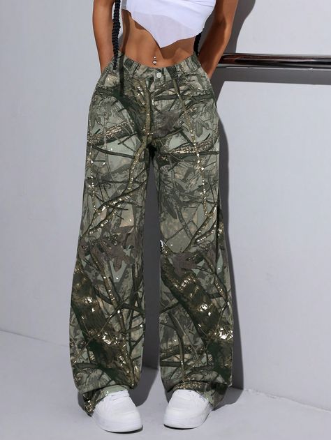 Women's Low Waist Camouflage Straight Leg Jeans With Washed Finish Multicolor Casual   Denim All Over Print Straight Leg Non-Stretch  Women Clothing, size features are:Bust: ,Length: ,Sleeve Length: Army Jeans, Cutest Outfits, Camouflage Jeans, Preppy Things, Pattern Outfits, Camo Jeans, Shein Icon, Womens Camo, Camo Pants