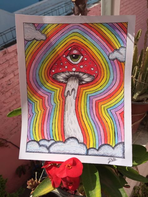 Dibujo de hongo alucinógeno.🍄🧚🏻‍♀️✨ Athestic Art Drawing, Hippie Drawing, Trippy Drawings, Mushroom Drawing, Psychadelic Art, Hippie Painting, Vibes Art, Cute Canvas Paintings, Art And Craft Videos