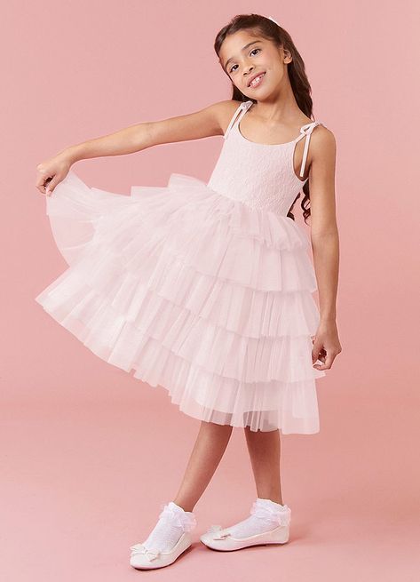 SCOOP BOW STRAP LACE TULLE TIER A-LINE DRESS - Flower Girl Dresses Pink Flower Girl Dress, Pink Flower Girl, Maternity Bridesmaid Dresses, Pink Wedding Inspiration, Barbie Wedding Dress, Bridal Bouquet Pink, Satin Ball Gown, Pink Flower Girl Dresses, Barbie Bride