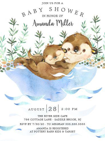 Baby Otter, Baby Otters, Gender Neutral Baby Shower Invitations, Water Background, Watercolor Cute, River Rocks, Baby Shower Flowers, Nautical Baby, Sea Otter