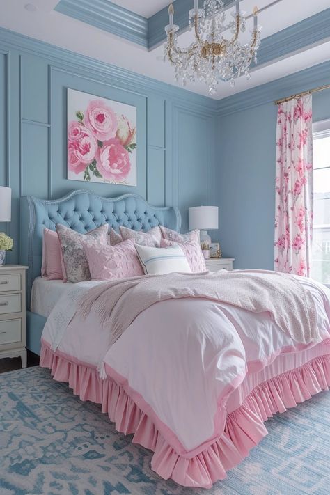 22 Blue and Pink Bedroom Ideas That Look Good Together Light Pink And Blue Room Aesthetic, Pink And Blue Apartment Decor, Pink And Blue Room Ideas Girly, Blue And Pink Bedroom For Kids, Pastel Pink And Blue Room Aesthetic, Pink And Blue Girls Bedroom, Light Blue And Pink Bedroom Girly, Pink And Blue Room Ideas, Pink Purple Blue Bedroom Girl Rooms