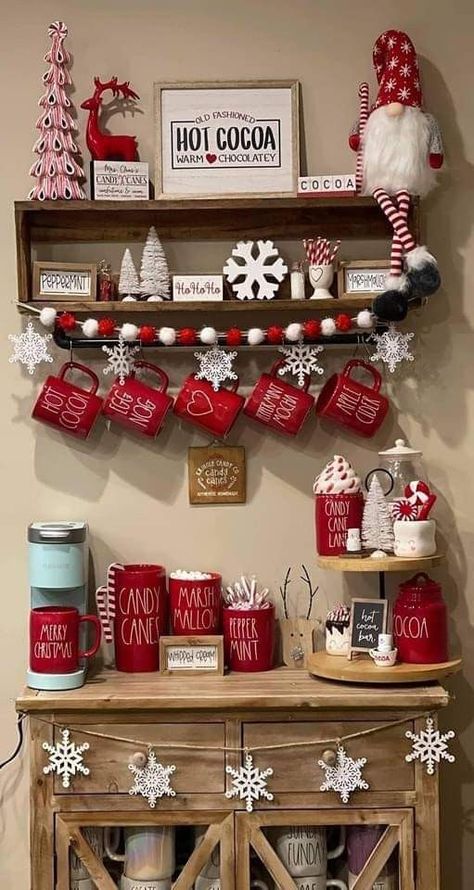 Rae Dunn Christmas Tiered Tray, Gingerbread Coffee Bar Decor, Christmas Decor Ideas Coffee Bar, Rae Dunn Christmas Coffee Bar, Traditional Christmas Theme, Diy Coffee Mug Display, Gingerbread Kitchen Decorating Ideas Diy, Popular Christmas Decor 2023, Valentine Coffee Bar Ideas