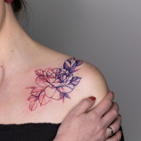 Red White And Blue Tattoos For Women, Blue And Red Tattoo, Red And Blue Tattoo, Brown Tattoo Ink, Blue Flower Tattoos, Brown Tattoo, Blue Ink Tattoos, Flowers Tattoos, Browning Tattoo