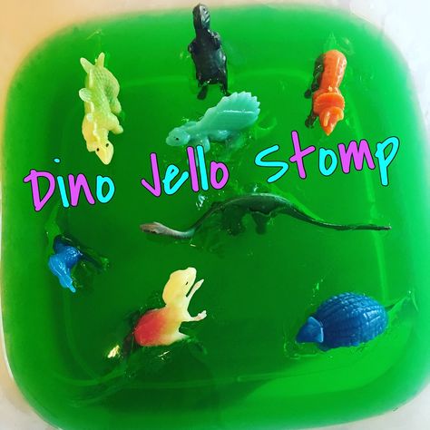 Dollar store dinosaur pack and 2 packs of lime jello made in a Tupperware container. Simple as that!  I like jello for sensory bins for babies because it’s taste-safe and satisfyingly messy! We played with this outside and then they went straight into the baby pool which got rid of the stickiness. Perfect summer morning activity! Sensory Bins For Babies, Early Education Activities, Activity For Babies, Dino Dig, Nanny Life, Sensory Ideas, Morning Activities, Sensory Activities Toddlers, Baby Pool