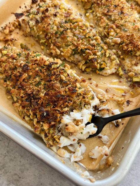 Walnut & Pistachio Crusted Flounder Crusted Flounder, Asparagus Pasta Salad, Flounder Recipes, Almond Crusted, Dinners To Make, Spicy Honey, Fresh Salad, Roasted Asparagus, Next Holiday