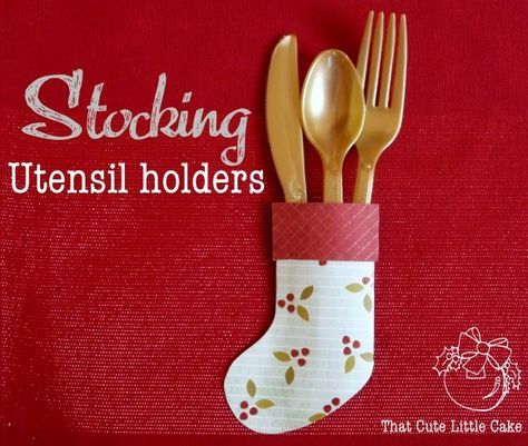 Christmas stocking cutlery holder craft, would be so cute on a kids Christmas party table! See more party ideas at CatchMyParty.com. #christmascraft Utensils Holder Diy, Christmas Silverware Holder, Diy Stocking, Cute Christmas Stockings, Christmas Party Table, Utensil Holders, Company Christmas Party, Diy Stockings, Festival Ideas