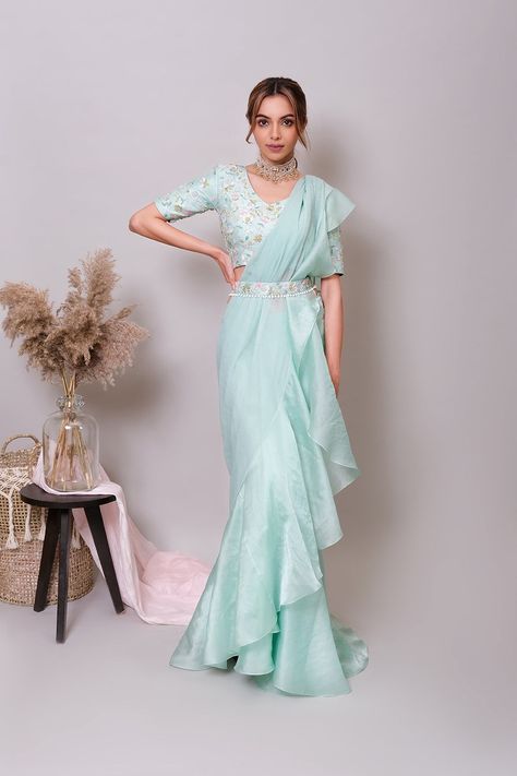 New Trend Sarees, New Trend Sarees For Wedding, Blue Ruffle Saree, Birthday Party Makeup, Saree For Farewell, Saree Farewell, Shaadi Outfits, Farewell Saree, Ruffled Saree