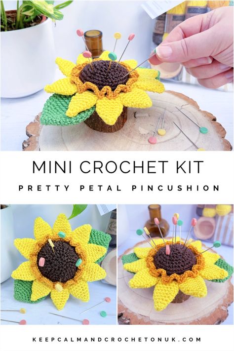 Pinterest collage of a crochetedPretty Petals sunflower crochet kit available from KCACOUKDesign Etsy shop Bean Bunny, Pinterest Collage, Crochet Pincushion, Crafting Space, Sunflower Crochet, Crochet Kits, Simply Crochet, Crochet Sunflower, Crochet Magazine