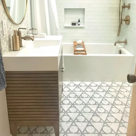 Patterned Wall, Timeless Bathroom, Modern Renovation, White Appliances, Merola Tile, Porcelain Floor, Natural Stone Tile, Porcelain Flooring, Tile Installation