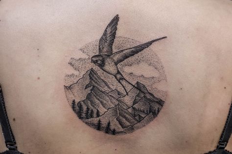 Swallow mountains tattoo.dotwork / blackwork Bird Mountain Tattoo, Tattoo Mountain, Mountains Tattoo, Tattoo Dotwork, Swallow Tattoo, Mountain Tattoo, Birds Tattoo, Blackwork, I Tattoo