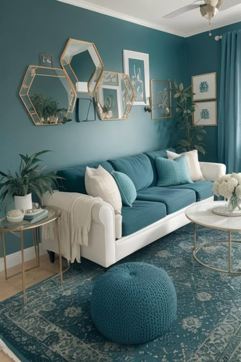 Teal And Turquoise Living Room, Teal Feature Wall Living Room, Blue Wall Living Room Ideas, Teal And Grey Living Room, Cream Grey Living Room, Grey Living Room Walls, Living Room With White Couch, Aqua Living Room, Teal Accent Walls