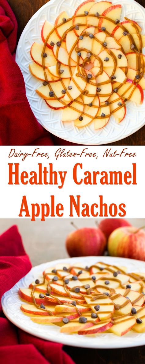 Healthy Caramel Apple Nachos Recipe - Fast, Easy, Just 4 Ingredients, Vegan, Dairy-Free, Gluten-Free, Nut-Free and Soy-Free Caramel Apple Nachos, Healthy Caramel Apple, Apple Nachos Recipe, Healthy Junk Food, Pasteles Halloween, Healthy Summer Snacks, Apple Nachos, Dairy Free Treats, Vegan Caramel