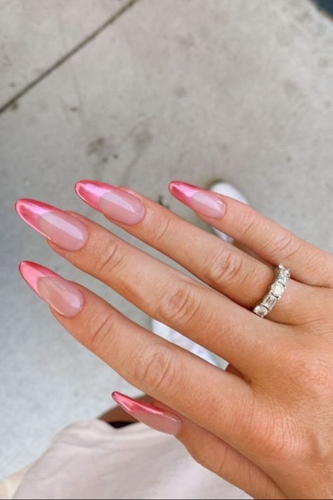 35+ Summer Acrylic Nail Ideas, pink french tip nails, french tip nails, pink french tip, glazed nails, glazed donut nails Glazed Pink French Nails, French Nails Glazed Donut, Pink French Pearl Nails, Colored Glazed Nails, Pink Glazed Donut Nails French Tip, Pink Nails Metallic, Hot Pink French Tip Nails Almond Long, Simple Bday Nails Almond, French Donut Glaze Nails