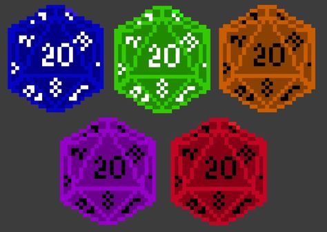 Multiple colors of d20 dice in a pixel art style. D20 Pixel Art, Nerd Pixel Art, Dice Pixel Art, Dnd Pixel Art, Melty Bead Designs, Blood Hunter, D20 Dice, Green Sticker, Cool Pixel Art