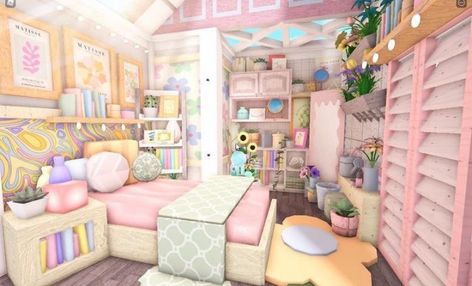 Bloxburg House Ideas Hello Kitty, Bloxburg Pastel Bedroom, Loft Bedroom Bloxburg, Bedroom Ideas Danish Pastel, Bloxburg Rooms, Bloxburg Bedroom Ideas, Bloxburg Building, Bloxburg Bedroom, Preppy House