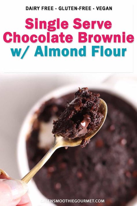 A single serving brownie with almond flour that is fudgy, is easy to make in one minute and made without eggs, gluten free, dairy free and creates a  healthy protein mug brownie in a microwave or oven. Single Serve Fudgy Brownie, Almond Flour Brownie In A Mug, Almond Flour Mug Brownie, Healthy Microwave Brownie, Protein Brownie In A Mug, Healthy Mug Brownie, Healthy Brownie In A Mug, Protein Mug Brownie, Single Serving Brownie