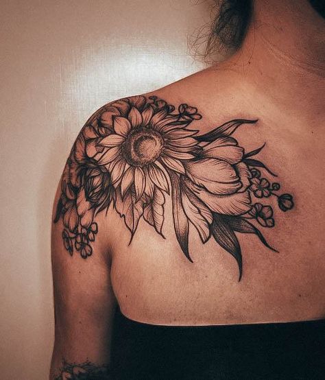 Top 100 Best Flower Shoulder Tattoos For Women - Floral Female Design Ideas Women Tattoos Shoulder, Sunflower Chest Tattoo Female, Front Shoulder Tattoos For Women Unique, Flower Shoulder Tattoos For Women, Top Of Shoulder Tattoos For Women, Flower Shoulder Tattoos, Sunflower Shoulder Tattoo, Top Of Shoulder Tattoo, Front Shoulder Tattoos