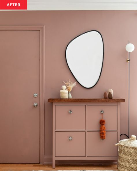 Monotone colored entryway with dresser for storage and asymmetrical mirror mounted above. Pink Entryway, Open Entryway, Ikea Shelving Unit, Hemnes Shoe Cabinet, Wallpaper Ceiling, Living Room Redo, Ikea Billy Bookcase, Ikea Billy, Ikea Hemnes