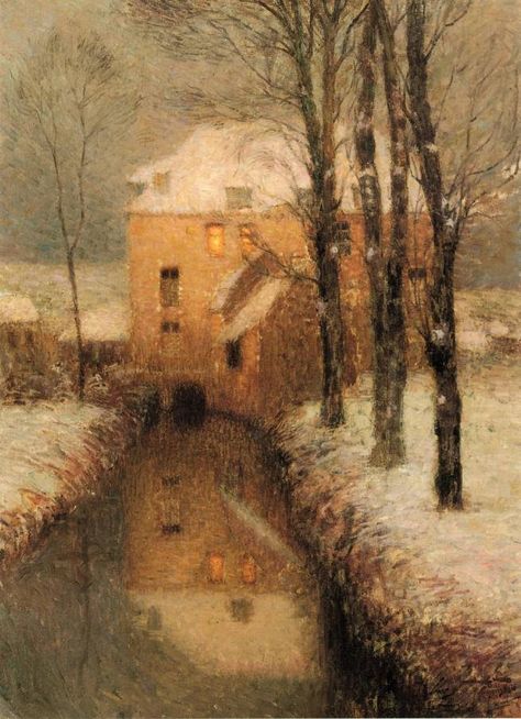 https://flic.kr/p/E4poyR | Henri Le Sidaner "The Canal in Winter" 1901 | Henri Eugène Augustin Le Sidaner (1862-1939) French intimist painter. Website by great grandson of the painter: www.lesidaner.com/html/yfls.htm  Oil on canvas  Intimism:  French late 19th- and early 20th-century style of painting and drawing that explored quiet domestic scenes.  Many Intimists used the Impressionist broken-colour technique of capturing the light and atmosphere of the fleeting moment. But unlike the Impr... Henri Le Sidaner, Places Painting, Landscape Winter, Paul Gauguin, Pierre Auguste Renoir, Post Impressionism, Post Impressionists, Winter Art, Gustav Klimt