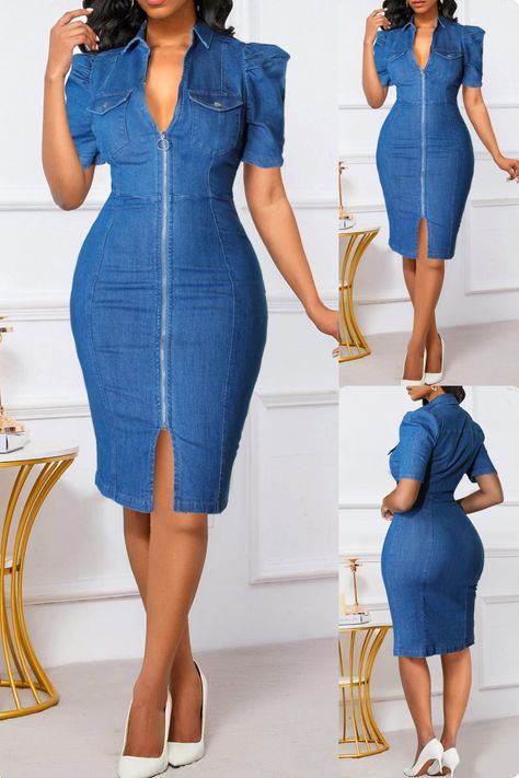 Flaunt your style with Rosewe’s Zipper Denim Blue Bodycon Dress 💙. This knee-length dress features a turn-down collar, puff sleeves, and a body-hugging silhouette that’s both elegant and sexy. Practical pockets and a front split add functionality and flair, perfect for any party.  #RoseweDenim #BodyconBabe #DenimDress #ZipperChic #ButtonDetail #PuffSleeve #PartyFashion #ElegantStyle #SexySilhouette #Fashionista Denim Outfits For Women Party, Denim Bodycon Dress, Short Sleeve Bodycon Dress, Blue Bodycon Dress, Fashion Dresses Online, Stylish Work Attire, Half Sleeve Dresses, Party Fashion, Work Attire