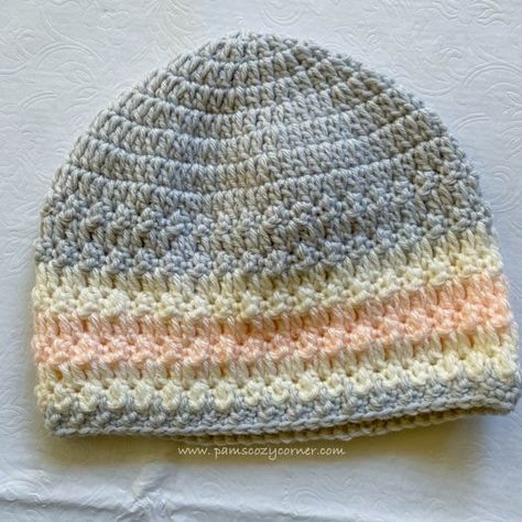 Free Beginner Friendly Crochet Beanie Hat Pattern — Pams Cozy Corner - Crochet and Knit Designer Sock Yarn Crochet Hat Pattern, Bottom Up Beanie Crochet, Crochet Hats Free Pattern In The Round, Ladies Crochet Beanie Hats Free Pattern, Crochet Hats For Charity, Bulky Yarn Hats, Ladies Beanies Crochet, Crochet Bun Hat Pattern Free, Simple Crochet Hat Pattern