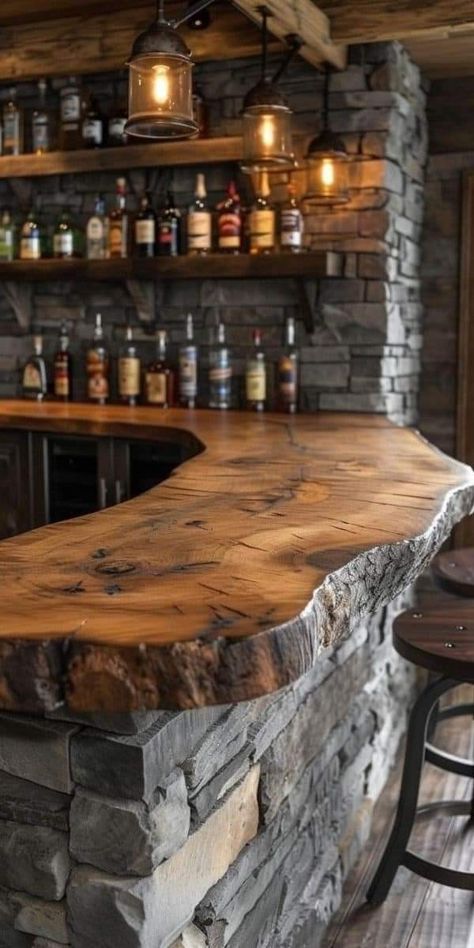 Pub Style Basement, Basement Bar Designs Layout, Rustic Bar Ideas, Best Greige Paint, Best Greige, Bar Lounge Room, Rustic Basement Bar, Bar Design Ideas, Live Edge Bar