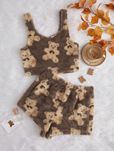 Women's Cute Bear Pattern Plush Vest And Shorts Pajama SetI discovered amazing products on SHEIN.com, come check them out! Brown Pjs, Easy Treat Recipes, Plush Pajama Pants, Bape Outfits, Fleece Pjs, Cute Lounge, Shein Haul, Easy Treat, Cute Pjs