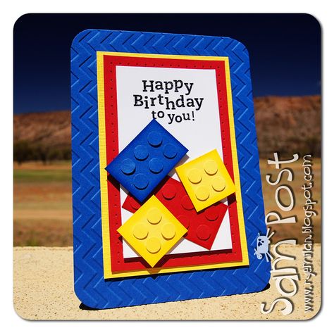 Legos and chevron embossing...CUTE! Lego Birthday Cards, Lego Card, Punch Art Cards, Baby Boy Cards, Birthday Cards For Boys, Bday Cards, Boy Cards, Lego Birthday, Cricut Cards