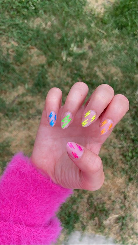 Pastel And Neon Nails, Nails For Festival Summer, Hangout Fest Nails, Bright Festival Nails, Neon Lightning Bolt Nails, Pretty Neon Nails, Neon Nails Acrylic Almond, Neon Nails For Summer, Spring Neon Nails