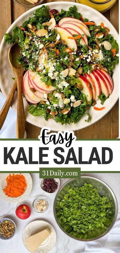 Try this delicious and healthy Kale Salad recipe with crunchy kale, carrots, almonds, cranberries, and apples, tossed in a tasty lemon dressing. Fall Kale Salad, Healthy Kale Salad, Kale Quiche, Kale Salad Dressing, Kale Apple Salad, Crunchy Kale, Apple Salad Recipes, Holiday Salads, Sliced Apples