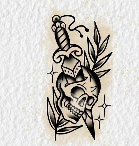 Trad Skull Tattoo, Old School Dagger Tattoo, American Traditional Dagger Tattoo, Skull Dagger Tattoo, Skull And Dagger Tattoo, American Traditional Dagger, Traditional Tattoo Outline, Traditional Tattoo Stencils, Traditional Tattoo Drawings