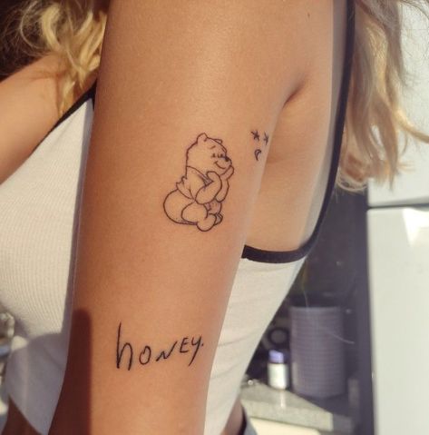 Tattoos Childhood, Small Winnie The Pooh Tattoo, Honeypot Tattoo, Honey Tattoos, Childhood Tattoo Ideas, Winnie The Pooh Tattoo Ideas, Childhood Tattoos, Pooh Bear Tattoo, Honey Pot Tattoo