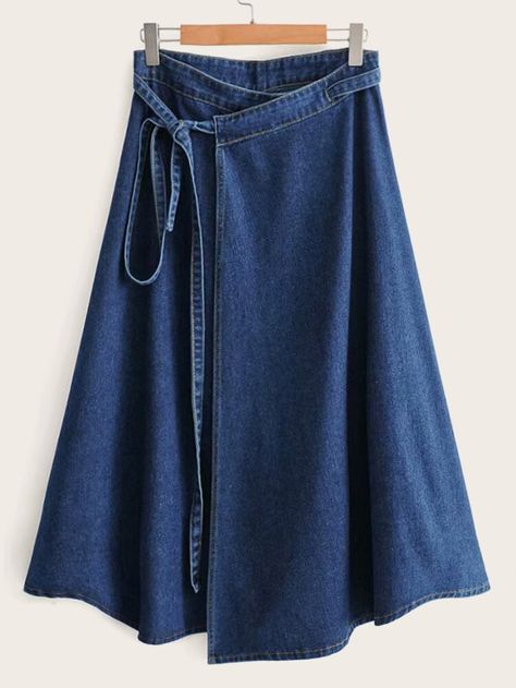 Dual Pocket Back Belted Wrap Denim Skirt | SHEIN USA Demin Skirt Outfit, Thrift Wishlist, Denim Skirt Fashion, Denim Skirt Women, Blouse Pattern Sewing, Stylish Dresses For Girls, Recycled Denim, Jeans Rock, Shein Style