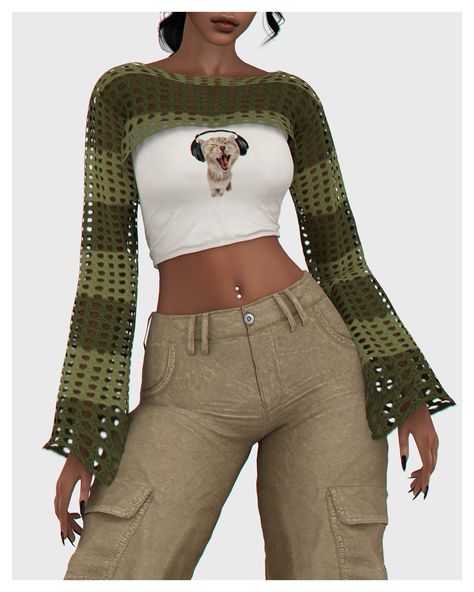 Crop Top With Long Sleeves, Y2k Crochet, Sims 4 Tsr, Long Sleeve Crochet, The Sims 4 Skin, Pelo Sims, Free Sims 4, Sims 4 Cc Skin, Sims 4 Cc Folder