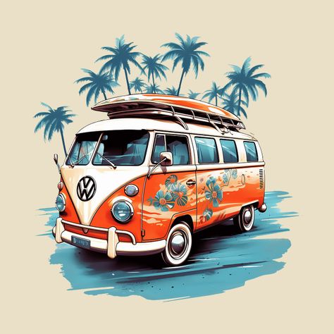 Van Painting Ideas, Car Drawing Ideas, Volkswagen Bus Art, Fire Truck Drawing, Combi Hippie, White Volkswagen, Surfboard Design Ideas, Beach Van, Kombi Van