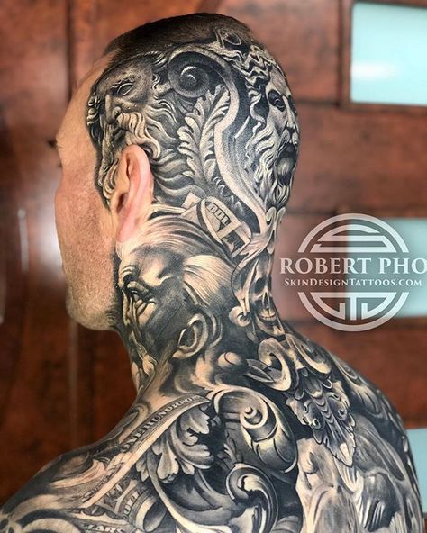 #Repost @robert_pho  Different angle healed. Need one more session to clean up a bit.  #aloha #robertpho #skindesignhawaii #blackandgreytattoo #headtattoo #bishoprotary #h2oceanproteam #skindesigntattoos Scalp Tattoo, Best Neck Tattoos, Filigree Tattoo, Throat Tattoo, Back Piece Tattoo, Money Tattoo, Back Of Neck Tattoo, Head Tattoo, Scary Tattoos