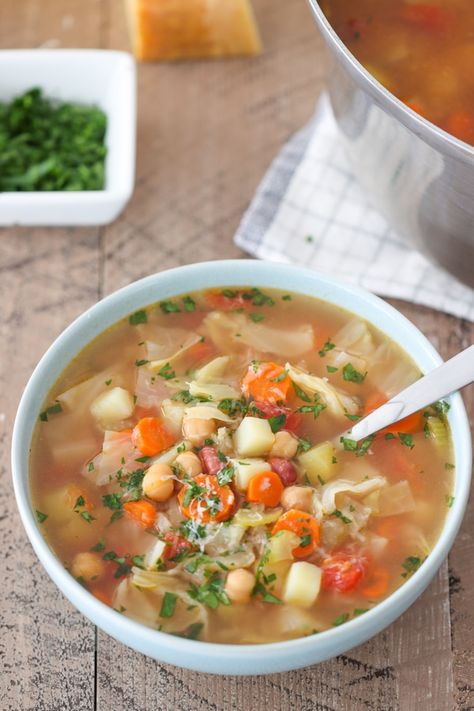 Minestrone Soup Minestrone Soup With Cabbage, Cabbage Potato Soup, Potatoes Cabbage, Cabbage And Potatoes, Parmesan Cheese Potatoes, Small Cabbage, Carrots Celery, Garlic Potatoes, Vegan Soup Recipes