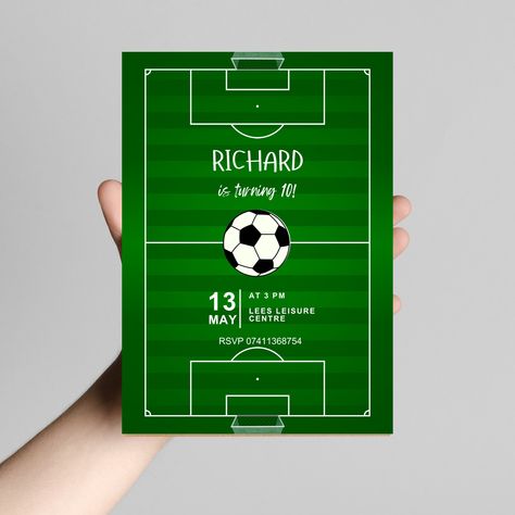 Celebrate your child's birthday with this football and soccer themed kids birthday party invitation! The template is easily customisable and available for instant download. Change the ages, names and party details with ease.  -------------------------------------------------------------------------------------------------------------------------------------------- What is Included ➵ Ready-to-print template featuring a 5x7 inch invitation.  ➵ Easy customisation with the exclusive Canva link - edi Soccer Invitations, Soccer Party Invitations, Football Birthday Party Invitations, Soccer Birthday Party, Football Invitations, Soccer Birthday Parties, Soccer Theme, Football Birthday Party, Soccer Birthday