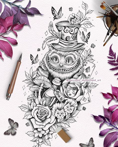 I create custom tattoo designs 🍄Cheshire Cat and everything wonderland for Cassandra 🫖Thank you for giving me such freedom with this design! Contact me via DM for custom designs 🍄 #cheshirecat #aliceinwonderland #cheshirecattattoo #aliceinwonderlandtattoo #pencilsketching #artoftheday #sketchoftheday #tattoodesigner #artworld #tattooideas #handdrawnart Alice In Wonderland Tattoo Sleeve, Cheshire Cat Drawing, Simple Cat Tattoo, Evil Alice, Cheshire Cat Tattoo, Alice In Wonderland Tattoo, Alice And Wonderland Tattoos, Cheshire Cat Alice In Wonderland, Alice In Wonderland Drawings