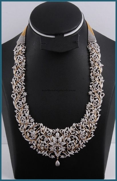 Bridal Diamond Long Necklace - South India Jewels Victorian Diamond Jewellery, South Indian Diamond Necklace, Diamond Haaram, South Jewellery, Bridal Diamond Necklace, Perhiasan India, Diamond Necklace Designs, Bridal Diamond Jewellery, Diamond Necklace Set