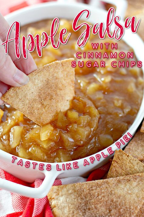 Apple Pie Dip with Cinnamon Sugar Chips is a super fun twist on the classic flavors of apple pie. Sweet apples simmered with cinnamon and sugar until soft and perfectly scoopable with homemade cinnamon sugar tortilla chips that you bake in the oven until crisp--you'll love this sweet salsa for a snack, appetizer, or dessert! Apple Pie Salsa, Apple Salsa Recipe Canning, Apple Salsa Recipe, Cinnamon Sugar Chips, Apple Pie Dip, Cinnamon Sugar Tortilla, Sweet Salsa, Apple Salsa, Cinnamon Sugar Tortillas