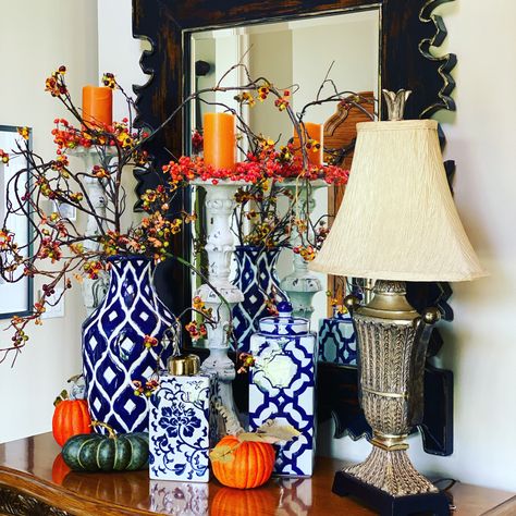 Fall Chinoiserie Decor, Blue And Orange Fall Decor, Teal Fall Decor, Fall Decor Kitchen, Orange Fall Decor, Autumn Tea Party, Fall Entry, Blue Fall Decor, White Pots