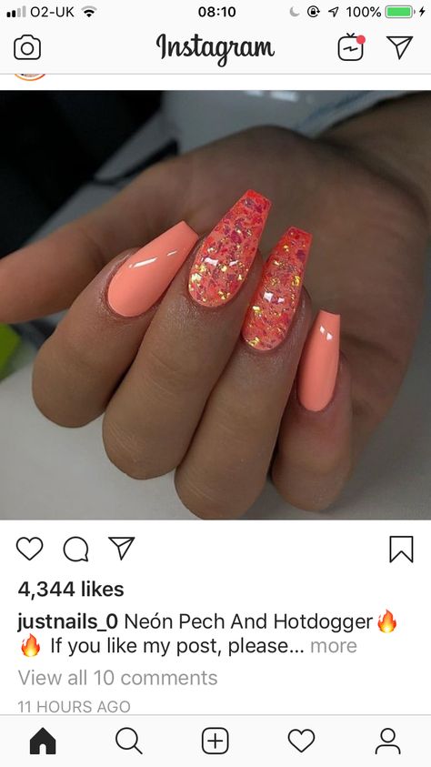 Corral Nails, Coral Acrylic Nails, Coral Nails With Design, Nail Pics, Purple Glitter Nails, Nail Types, April Nails, Glitter Nails Acrylic, Dark Caramel