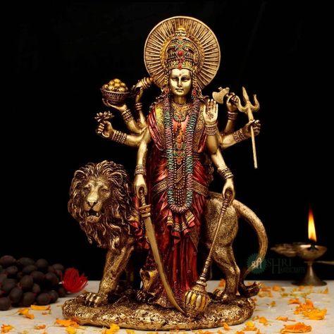 Durga With Lion, Kali Sculpture, Goddess Of Strength, Religious Statues, Om Art, Durga Ji, Shiva Shankara, Aadi Shakti, Saraswati Goddess