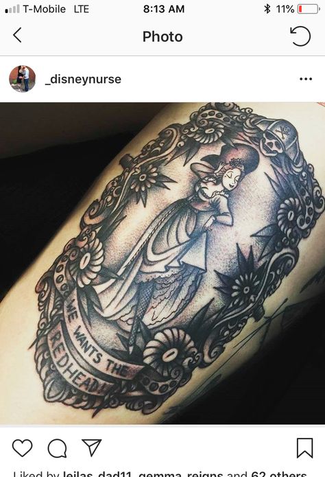 Disney tattoo. The Redhead. We wants the read head! Frame is from a Disney pirates of the Caribbean pin. Ride Tattoo, Pirates Of The Caribbean Tattoo, Caribbean Tattoo, Disney Pirates Of The Caribbean, Pirate Tattoo, Disney Tattoo, Pop Culture References, Tat Ideas, Disney Tattoos