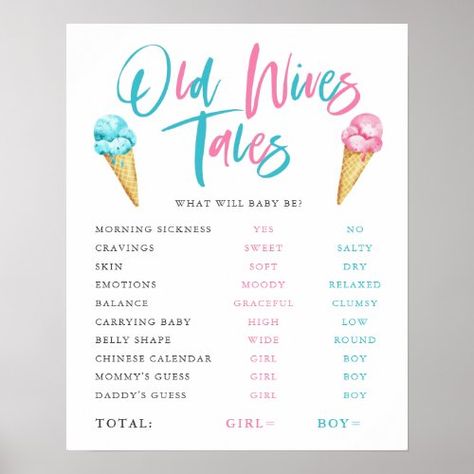 Gender Guessing Game, Ice Cream Gender Reveal, Cream Gender Reveal, Old Wives Tales, Old Wives Tale, Wives Tales, Ice Cream Theme, Gender Reveal Party Decorations, Baby Gender Reveal Party