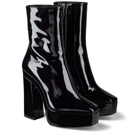 Black Soft Patent Platform Ankle Boots | GOVI 140 | Winter 2021 Collection | JIMMY CHOO Jimmy Choo Boots, Designer Ankle Boots, Womens Designer Boots, Patent Boots, Funky Shoes, Shoes Luxury, Platform Ankle Boots, Jimmy Choo Shoes, Footwear Design Women