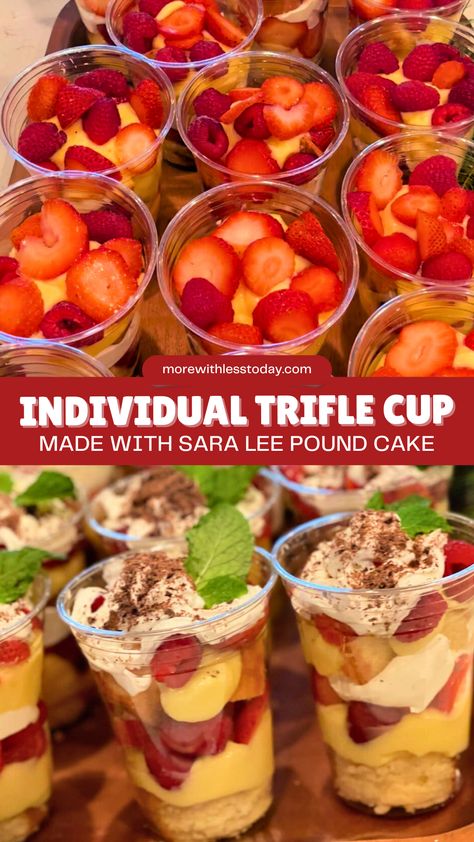 A closeup of Individual Trifle Cups made with Sara Lee Pound Cake served on a brown tray Recipes Using Sara Lee Pound Cake, Dessert Recipes Using Sara Lee Pound Cake, Pound Cake Trifle Recipes, Individual Trifle, Pineapple Desert, Pound Cake Trifle, Easy Festive Desserts, Trifle Cups, Pudding Whipped Cream